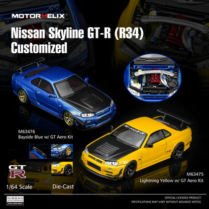 *Pre-Order* MotorHelix M63476 Nissan Skyline GT-R (R34) Customized - Bayside Blue w/ GT Aero Kit