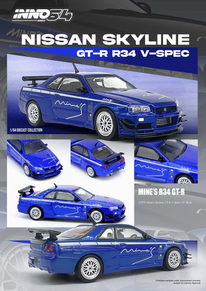 *Pre-Order* Inno Models Inno64 Nissan Skyline GT-R (R34) V-Spec Tuned by "MINE'S" Blue