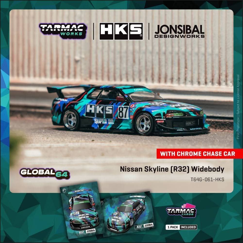 *Pre-Order* Tarmac Works Nissan Skyline (R32) Widebody HKS - Model Car + Trading Cards Combo Set