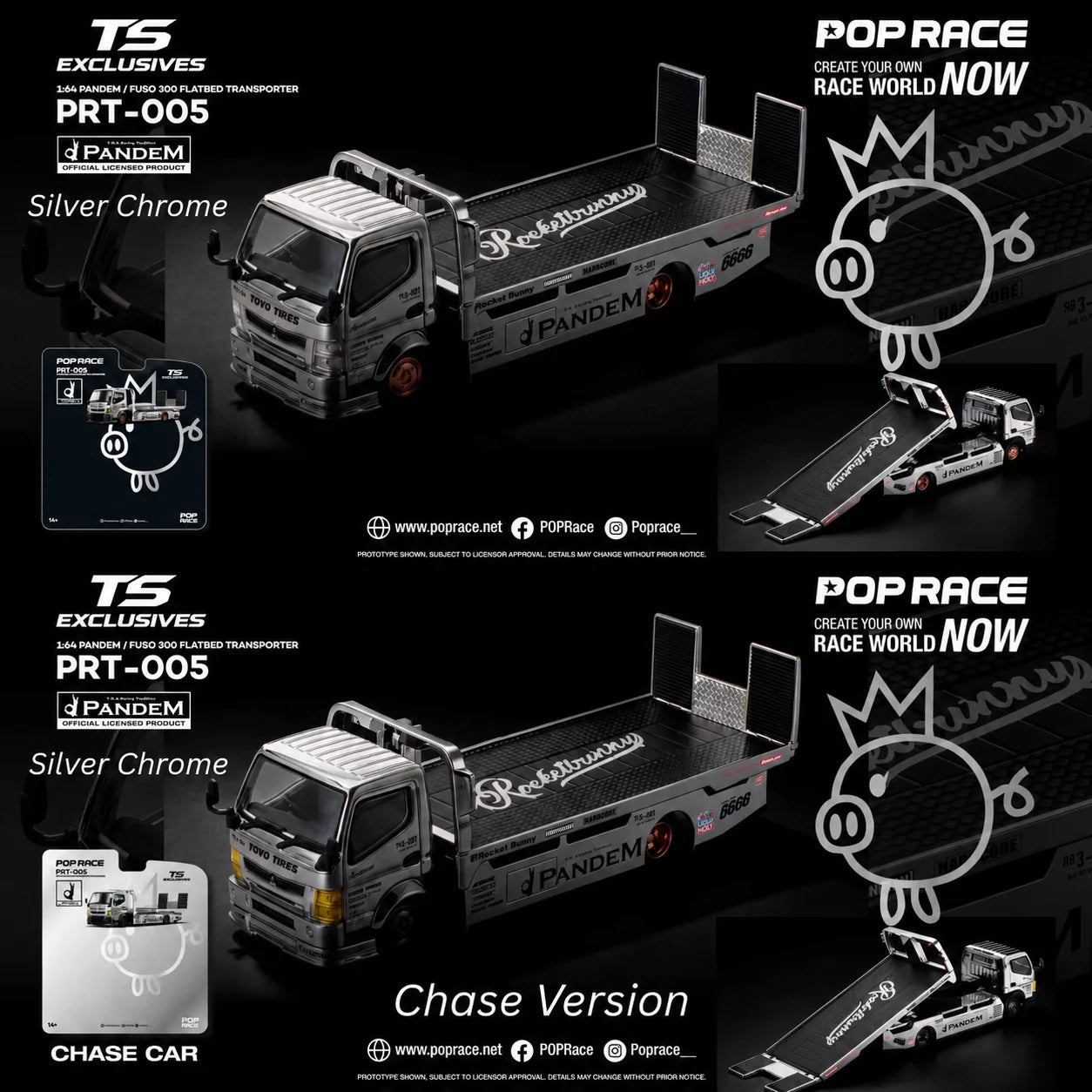 *Pre-Order* Pop Race PRT005 Pandem FUSO 300 Flatbed Transporter - Silver Chrome