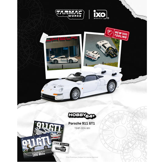 *Pre-Order* Tarmac Works - Porsche 911 GT1 White - Model Car + Trading Cards Combo Set