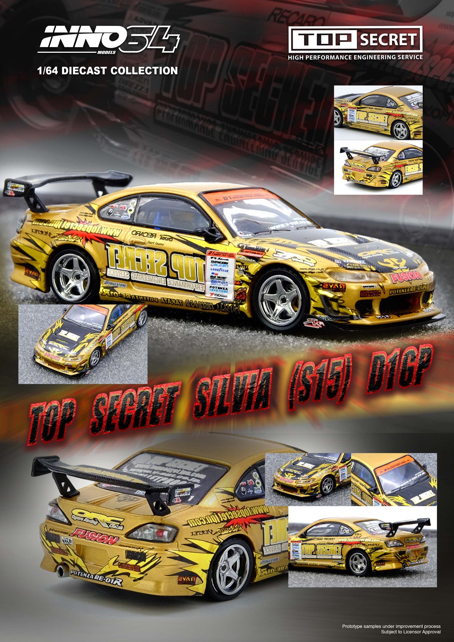 *Pre-Order* INNO Models INNO64 TOP SECRET Silvia (S15) Gold D1 Grand Prix Series Champion 2004