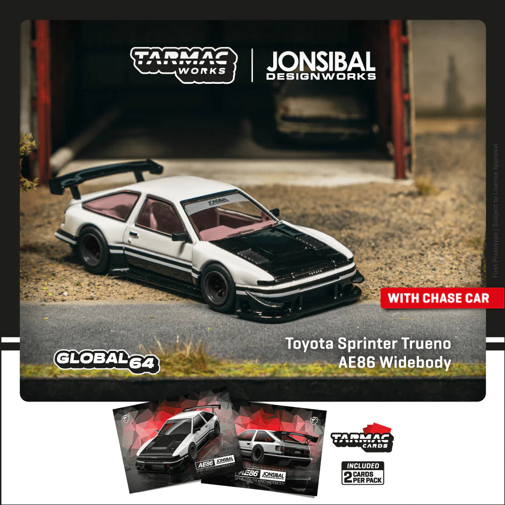 *Pre-Order* Tarmac Works Toyota Sprinter Trueno AE86 Widebody by Jon Sibal White / Black - Trading Cards + Model Car Combo Set