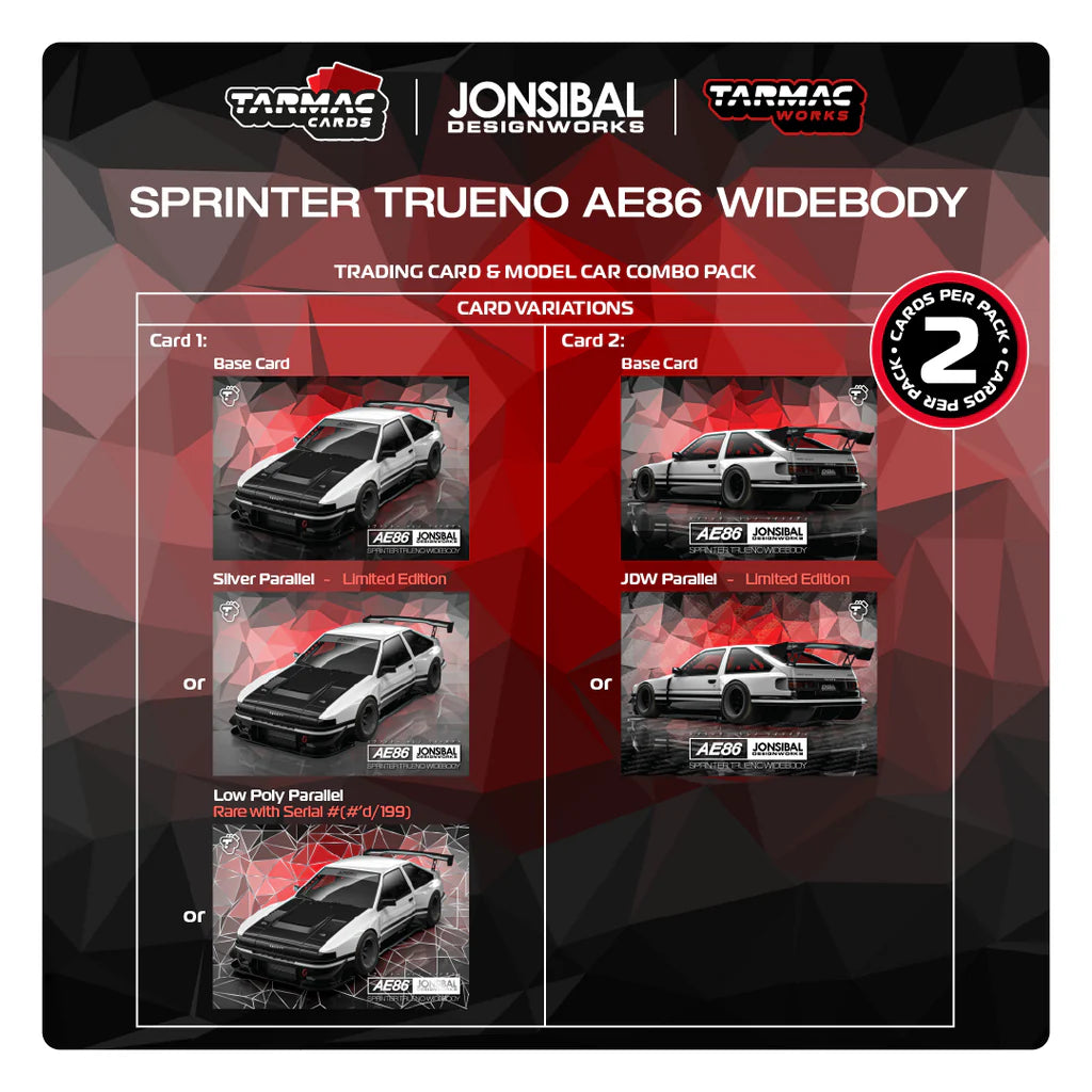 *Pre-Order* Tarmac Works Toyota Sprinter Trueno AE86 Widebody by Jon Sibal White / Black - Trading Cards + Model Car Combo Set