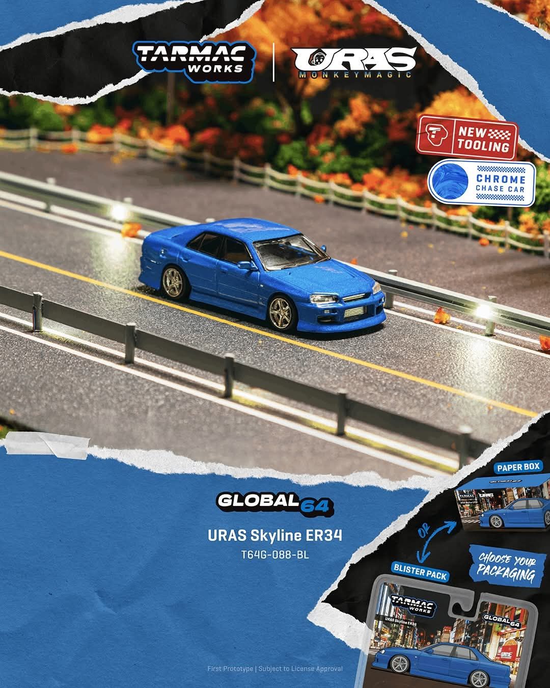 *Pre-Order* Tarmac Works URAS Skyline ER34 Blue (Paper Box Packaging)
